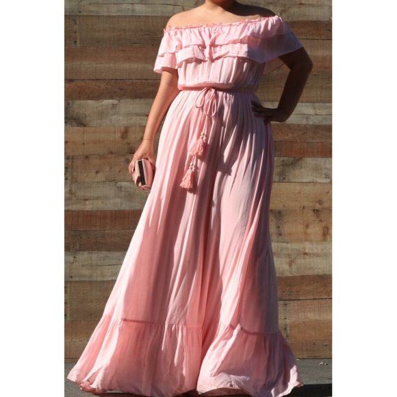 SOLD OUT Plus Size Pink Boho Off Shoulder Ruffle Maxi Dress - Picture 3 of 4